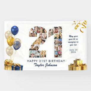 21st Birthday Number 21 Photo Collage White Gold Banner