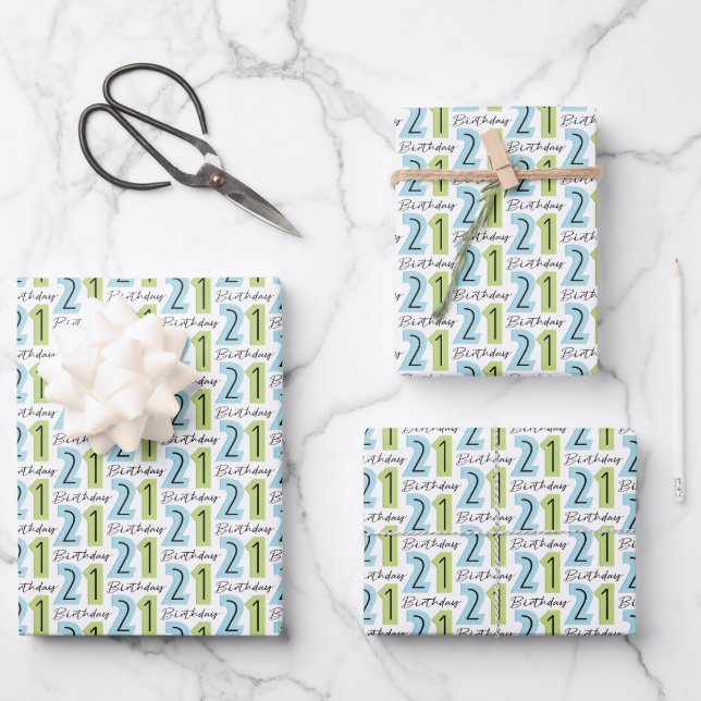 21st Birthday Numbers Green Blue Wrapping Paper Sheet (Front)