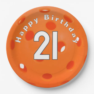 21st Birthday Orange Pickleball Paper Plate
