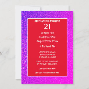 21st Birthday Orange Pink Purple Glitter Trendy Invitation