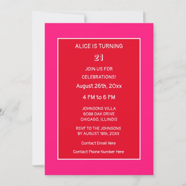 21st Birthday Orange Pink Red Modern Minimalist Invitation (Front)