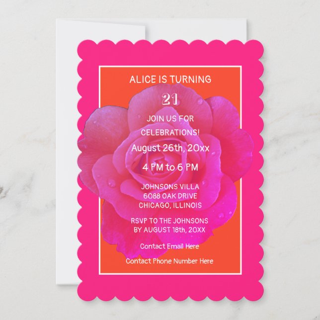 21st Birthday Orange Pink Rose Floral Modern Girly Invitation (Front)