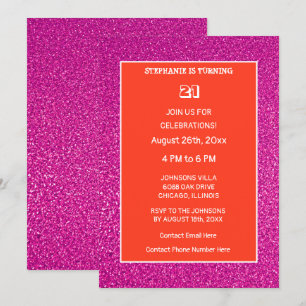 21st Birthday Orange Pink Rose Gold Glitter Modern Invitation
