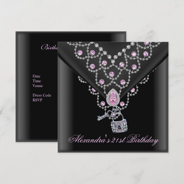 21st Birthday Overlay Black Pink Jewel Key Lock Invitation (Front/Back)