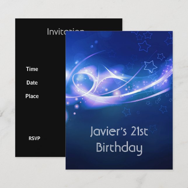 21st Birthday Party Abstract Blue Explode Modern 2 Invitation (Front/Back)