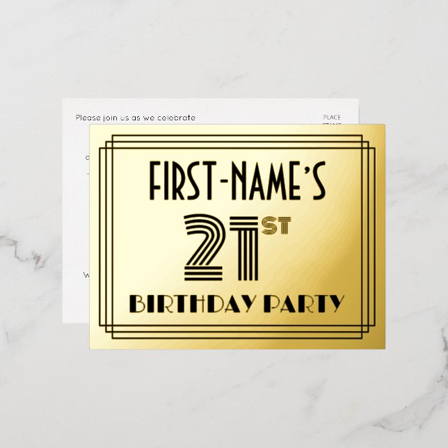 21st Birthday Party ~ Art Deco Style “21” + Name Foil Invitation Postcard (Front/Back)