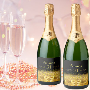 21st birthday party black and faux gold bow name sparkling wine label