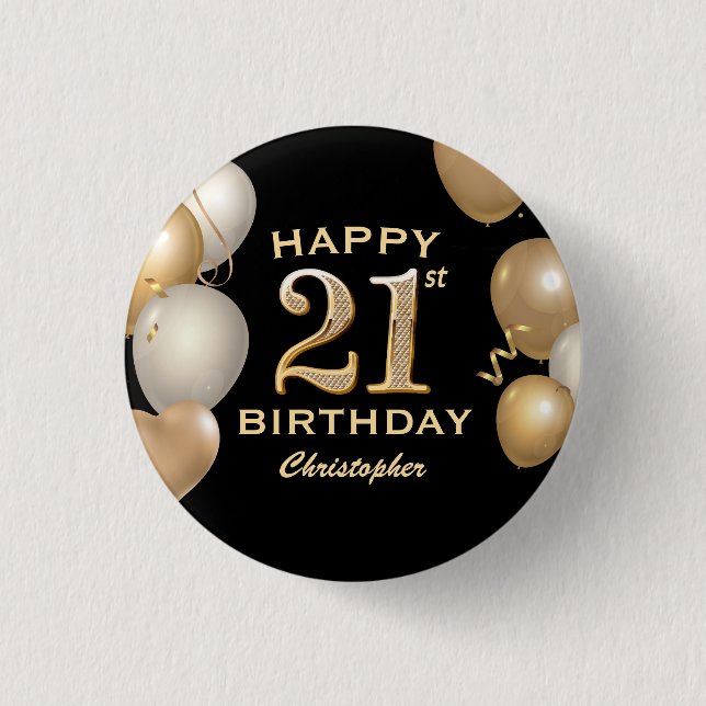 21st Birthday Party Black and Gold Balloons 3 Cm Round Badge (Front)