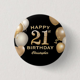 21st Birthday Party Black and Gold Balloons 3 Cm Round Badge