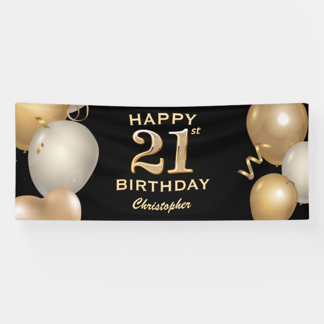 21st Birthday Party Black and Gold Balloons Banner (Horizontal)