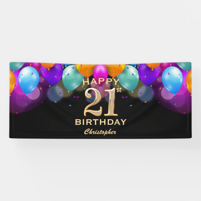 21st Birthday Party Black and Gold Balloons Banner (Horizontal)