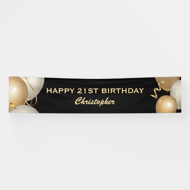 21st Birthday Party Black and Gold Balloons Banner (Horizontal)