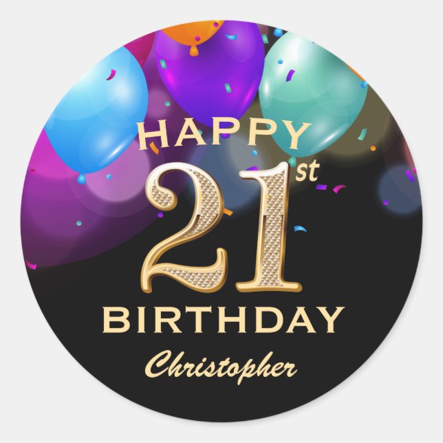 21st Birthday Party Black and Gold Balloons Classic Round Sticker (Front)