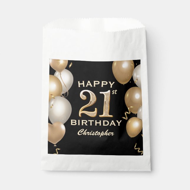 21st Birthday Party Black and Gold Balloons Favour Bags (Front)