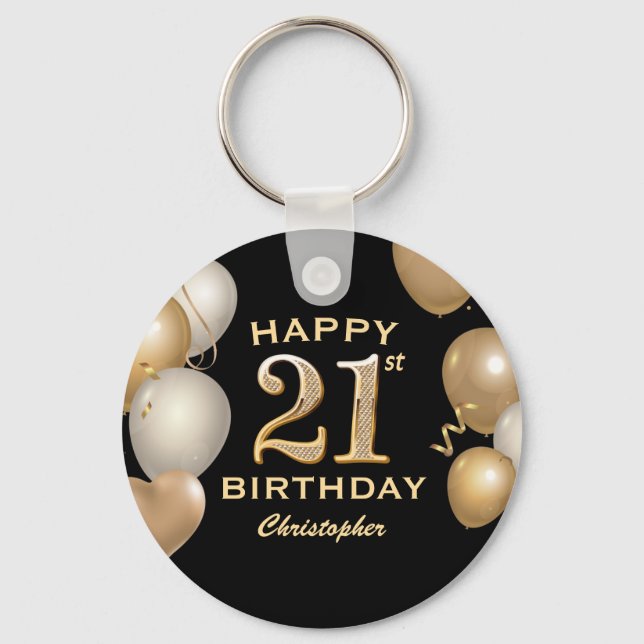 21st Birthday Party Black and Gold Balloons Key Ring (Front)