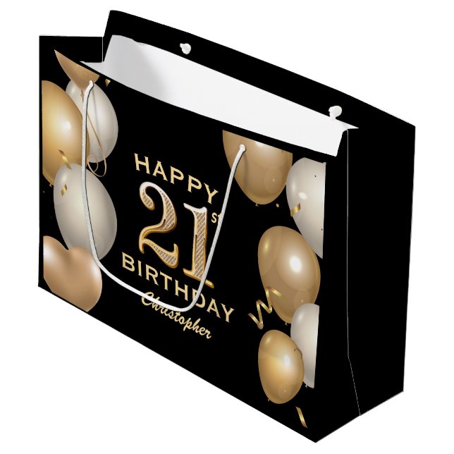 21st Birthday Party Black and Gold Balloons Large Gift Bag (Front Angled)