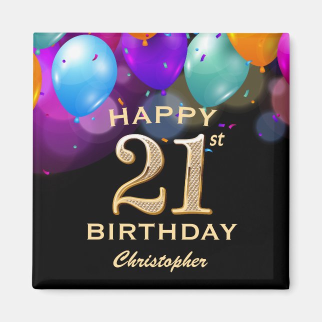 21st Birthday Party Black and Gold Balloons Magnet (Front)