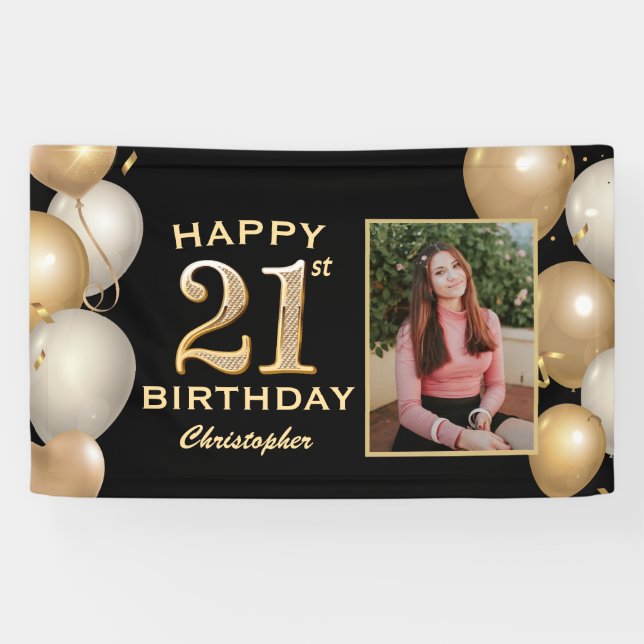 21st Birthday Party Black and Gold Balloons Photo Banner (Horizontal)