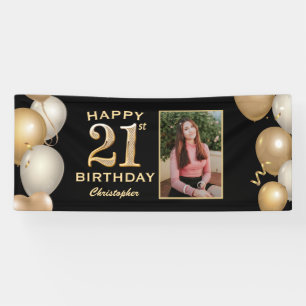 21st Birthday Party Black and Gold Balloons Photo Banner