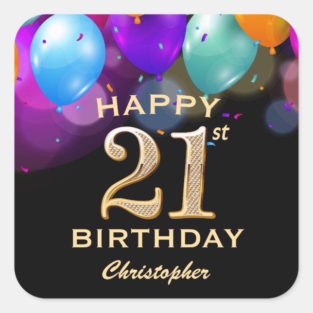 21st Birthday Party Black and Gold Balloons Square Sticker (Front)