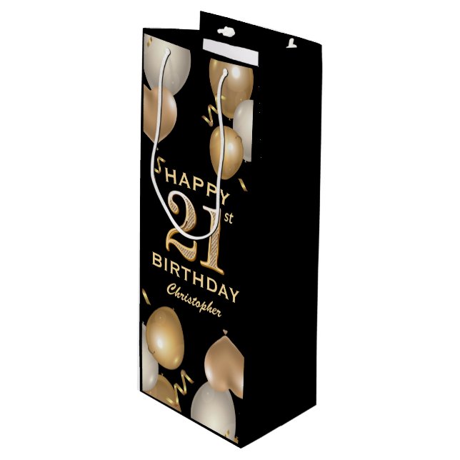 21st Birthday Party Black and Gold Balloons Wine Gift Bag (Front Angled)