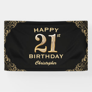 21st Birthday Party Black and Gold Glitter Banner