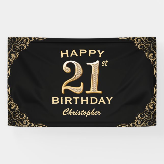 21st Birthday Party Black and Gold Glitter Banner (Horizontal)