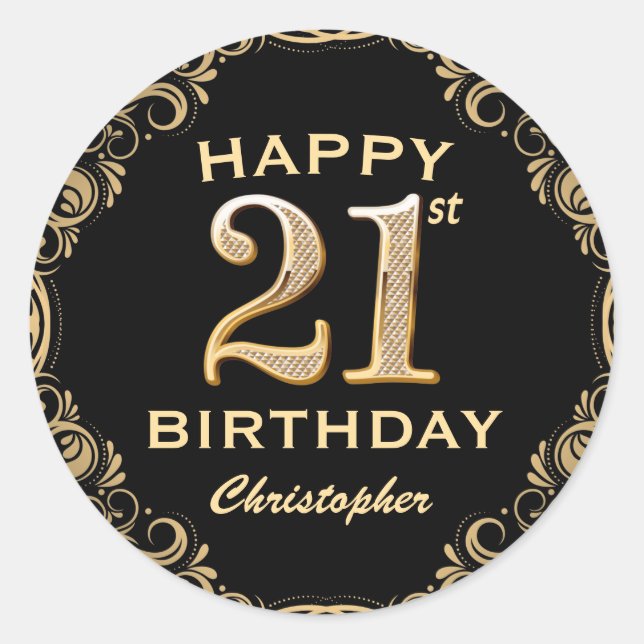 21st Birthday Party Black and Gold Glitter Frame Classic Round Sticker (Front)