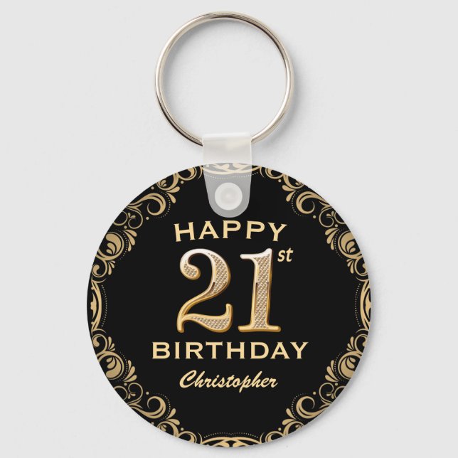 21st Birthday Party Black and Gold Glitter Frame Key Ring (Front)