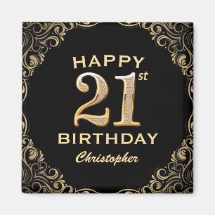 21st Birthday Party Black and Gold Glitter Frame Magnet