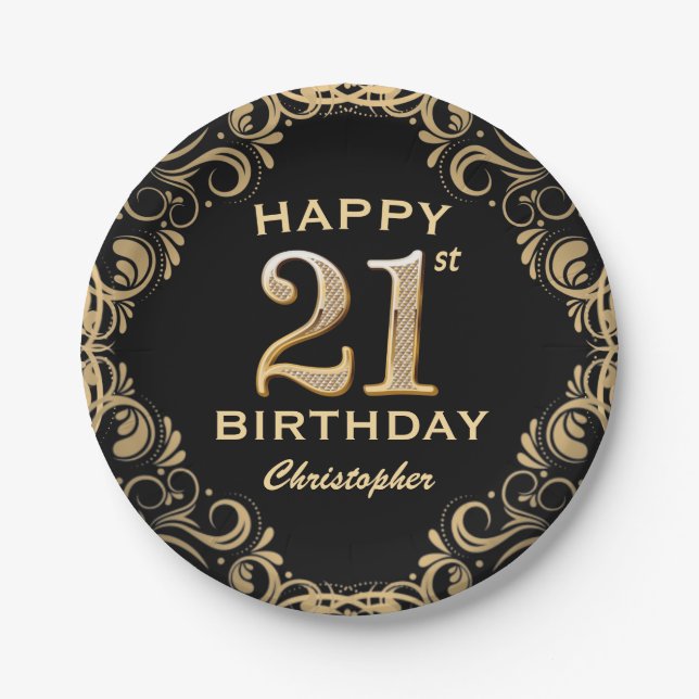 21st Birthday Party Black and Gold Glitter Frame Paper Plate (Front)