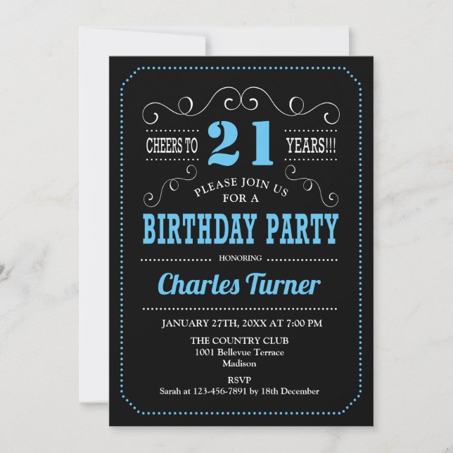 21st Birthday Party - Black Blue Invitation (Front)