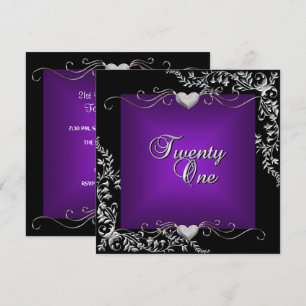 21st Birthday Party Black Bright Deep Purple Invitation