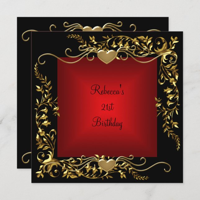 21st Birthday Party Black Bright Deep Red Gold Invitation (Front/Back)