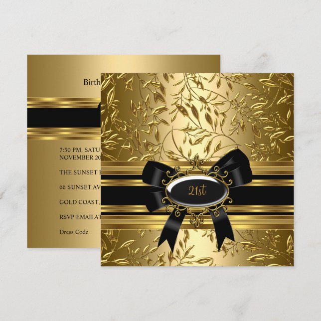 21st Birthday Party Black Gold Floral 2 Invitation (Front/Back)