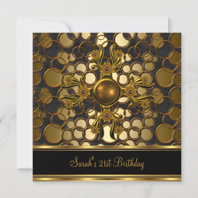 21st Birthday Party Black Gold Ornate Jewel Invitation (Front)
