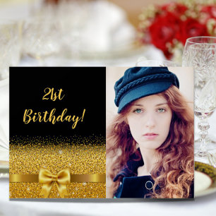 21st birthday party black gold photo glam invitation