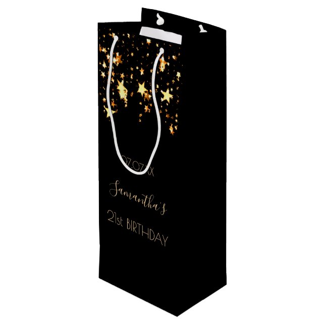 21st birthday party black gold stars wine gift bag (Back Angled)