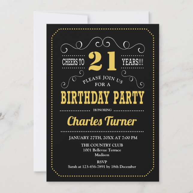 21st Birthday Party - Black Gold White Invitation (Front)