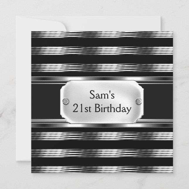 21st Birthday Party Black Metal Silver Mans Mens Invitation (Front)