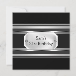 21st Birthday Party Black Metal Silver Mans Mens Invitation