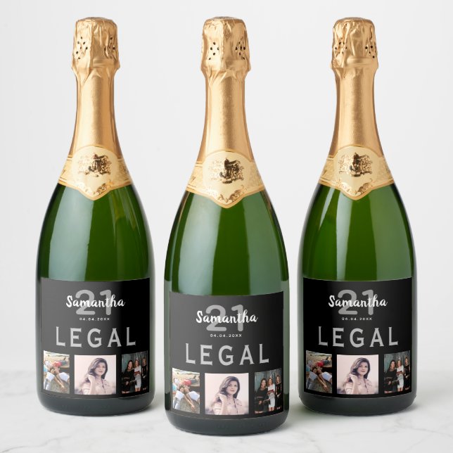 21st birthday party black photo collage legal sparkling wine label (Bottles)
