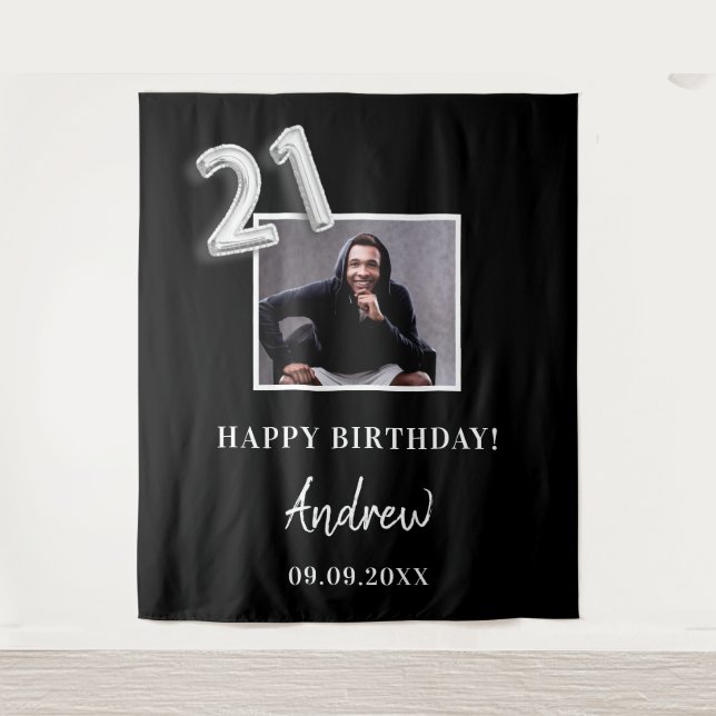 21st birthday party black photo name guy tapestry (Front)