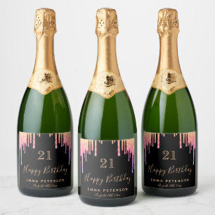 21st birthday party black pink glitter sparkle sparkling wine label
