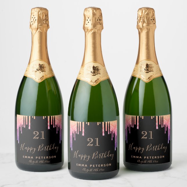21st birthday party black pink glitter sparkle sparkling wine label (Bottles)