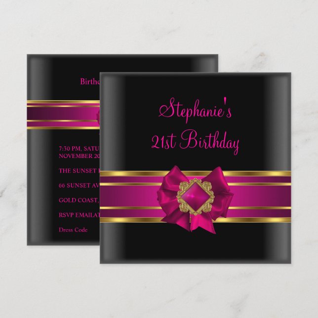 21st Birthday Party Black Pink Silk Gold Jewel Invitation (Front/Back)