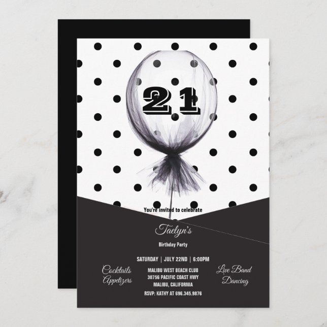 21st Birthday Party Black Polka Dots Balloon Invit Invitation (Front/Back)