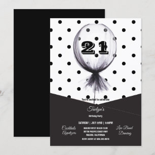 21st Birthday Party Black Polka Dots Balloon Invit Invitation