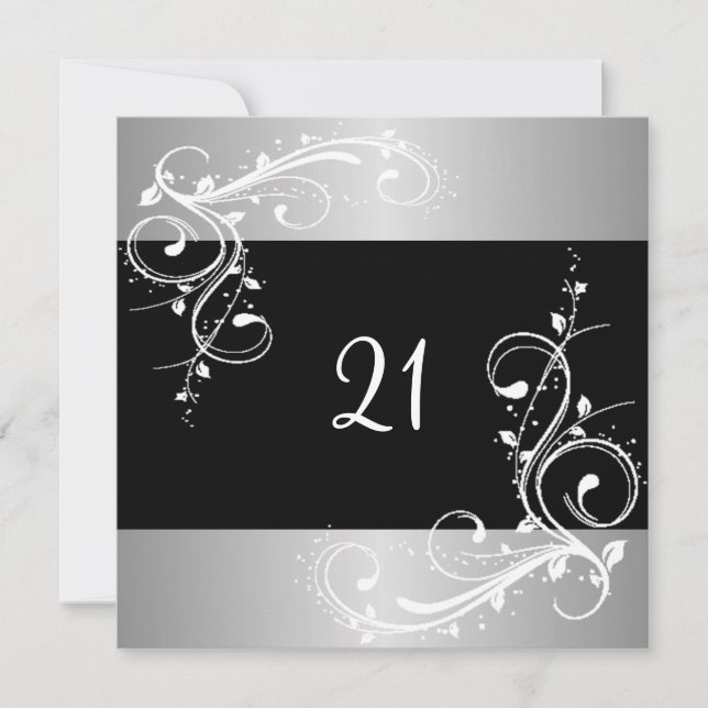 21st Birthday Party Black Silver White Floral Invitation (Front)