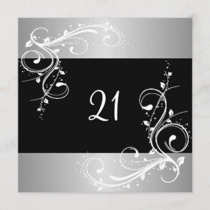 21st Birthday Party Black Silver White Floral Invitation